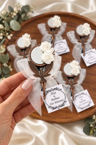 Melek Ayna Beyaz Çiçekli Magnet Söz, Nişan, Düğün, Nikah, Mevlüt Hediyelik - 20 Adet