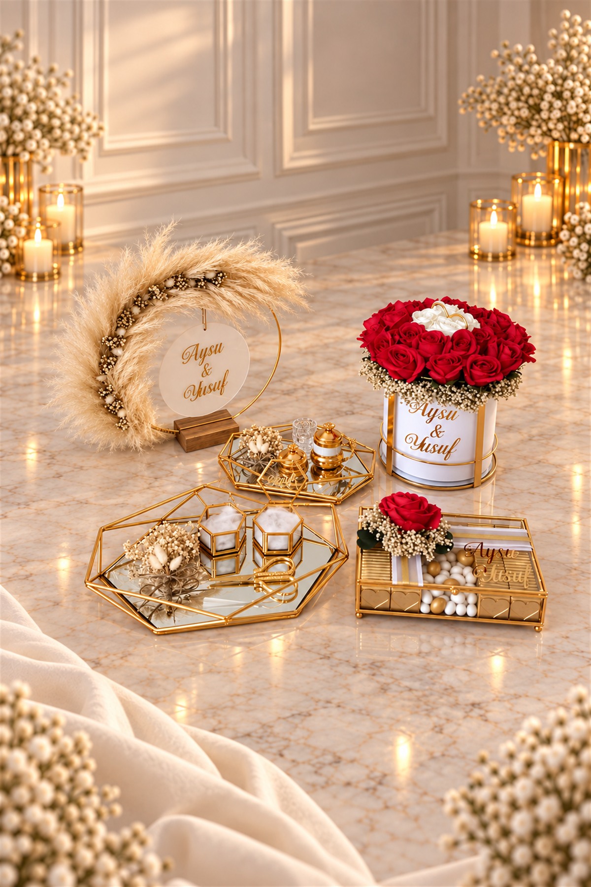 Kız İsteme çikolatası ve çicekli Söz,Nişan, full tepsili set